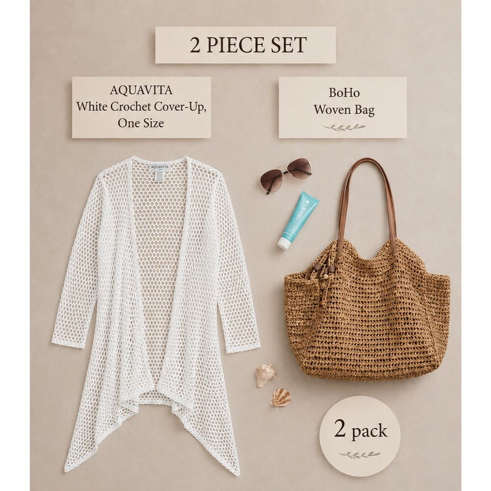 2 PACK LOT! Aquavita Resort Net Cover-up Top & Beach Bag Natural Raffia Vacation